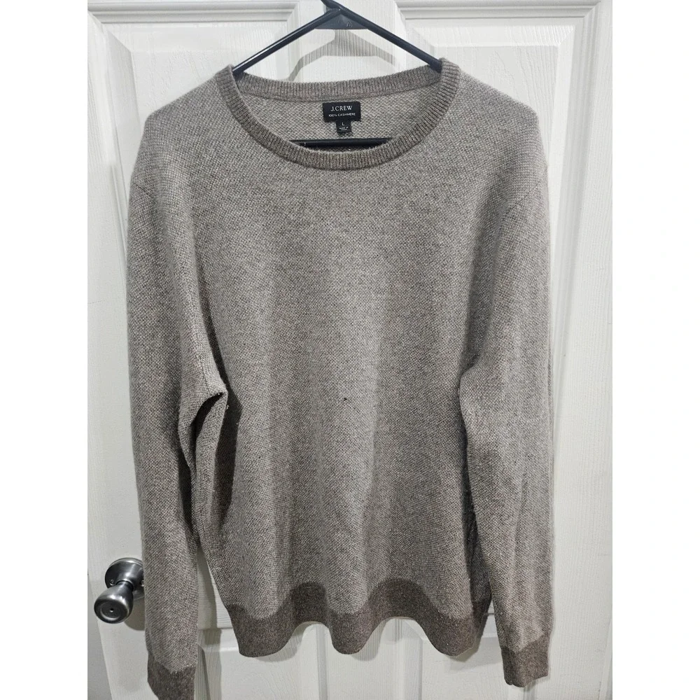 J.Crew 100% Cashmere Sweater Large Taupe Brown Birds Eye Knit Crewneck FLAWED - Picture 1 of 6
